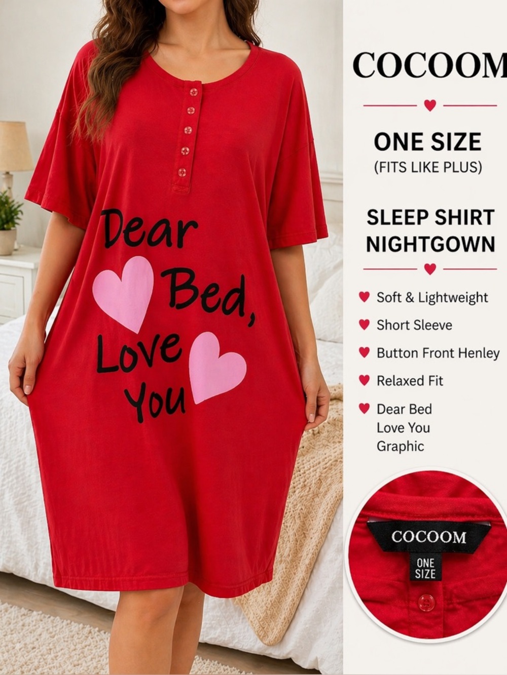 COCOOM Red Sleep Shirt Dear Bed Love You One Size Cotton Nightgown